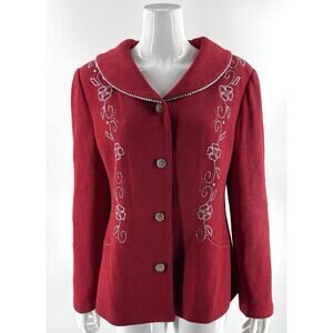 Liorah Knit Sweater Jacket Size 14 Red Wool Blend Rhinestone Silver Embellished
